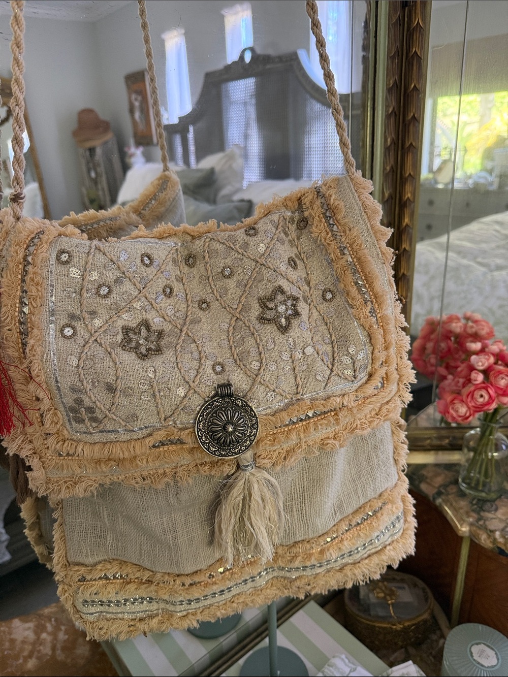 Beaded Fringe Crossbody Bag in Cream and Tan